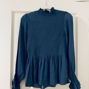 Vici Blue Smocked Peplum Blouse with Mandarin Collar